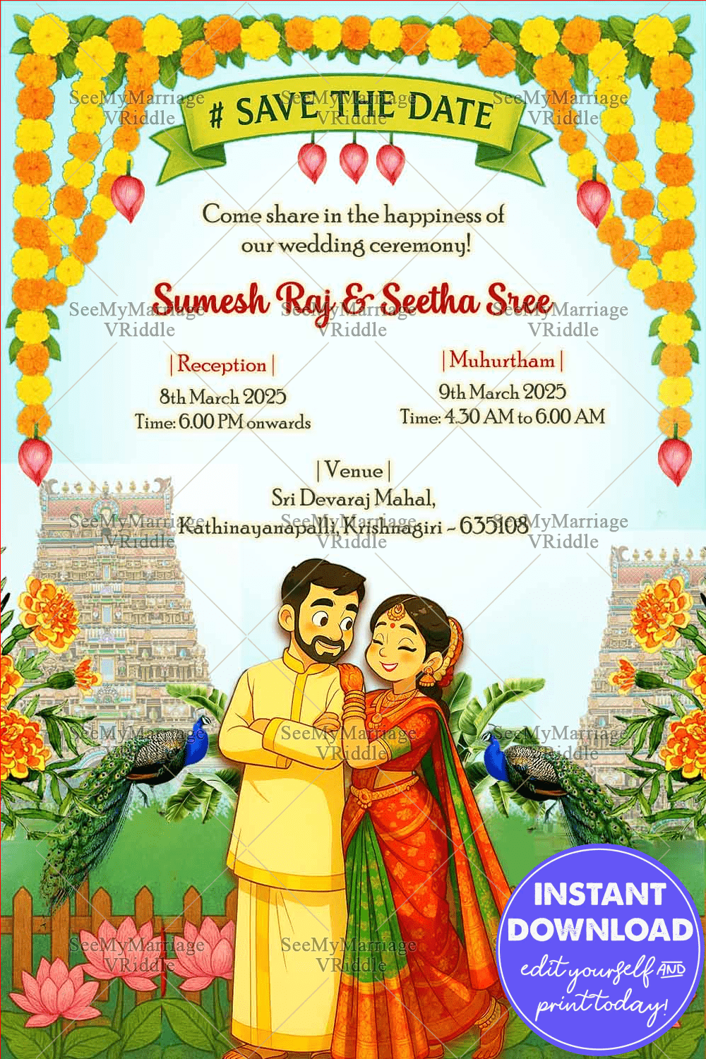 Majestic South Indian Save the Date Invitation with Temple Elegance and Ghibli-Style Art