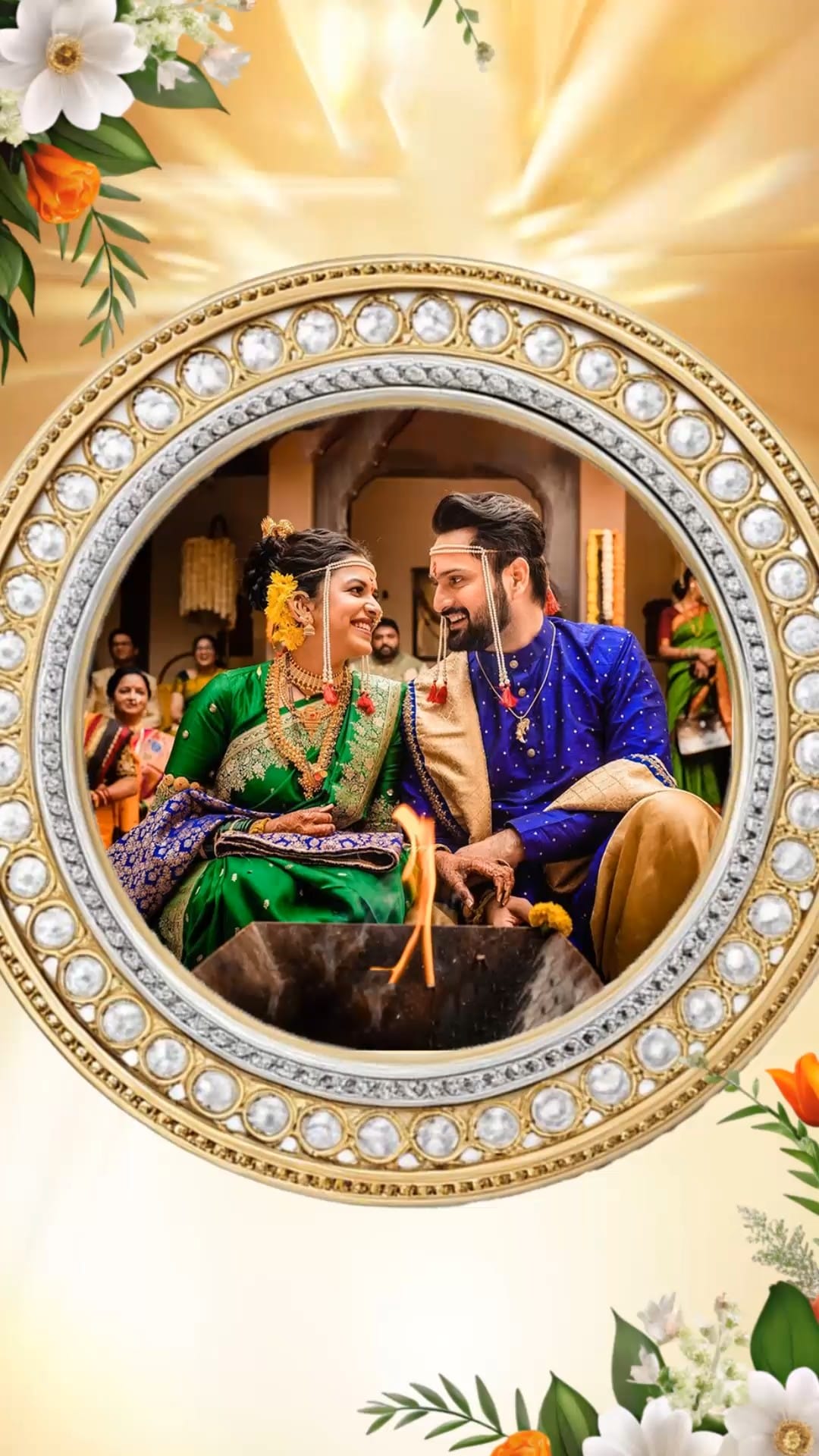 Marathi Mangal Parinay Wedding Invitation Video with Add Image, Floral Gold Frame and Haldi, Mehendi
