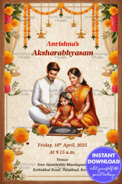 Marigold Aksharabhyasam Invitation with Family Illustration and Floral Border In Cream Background