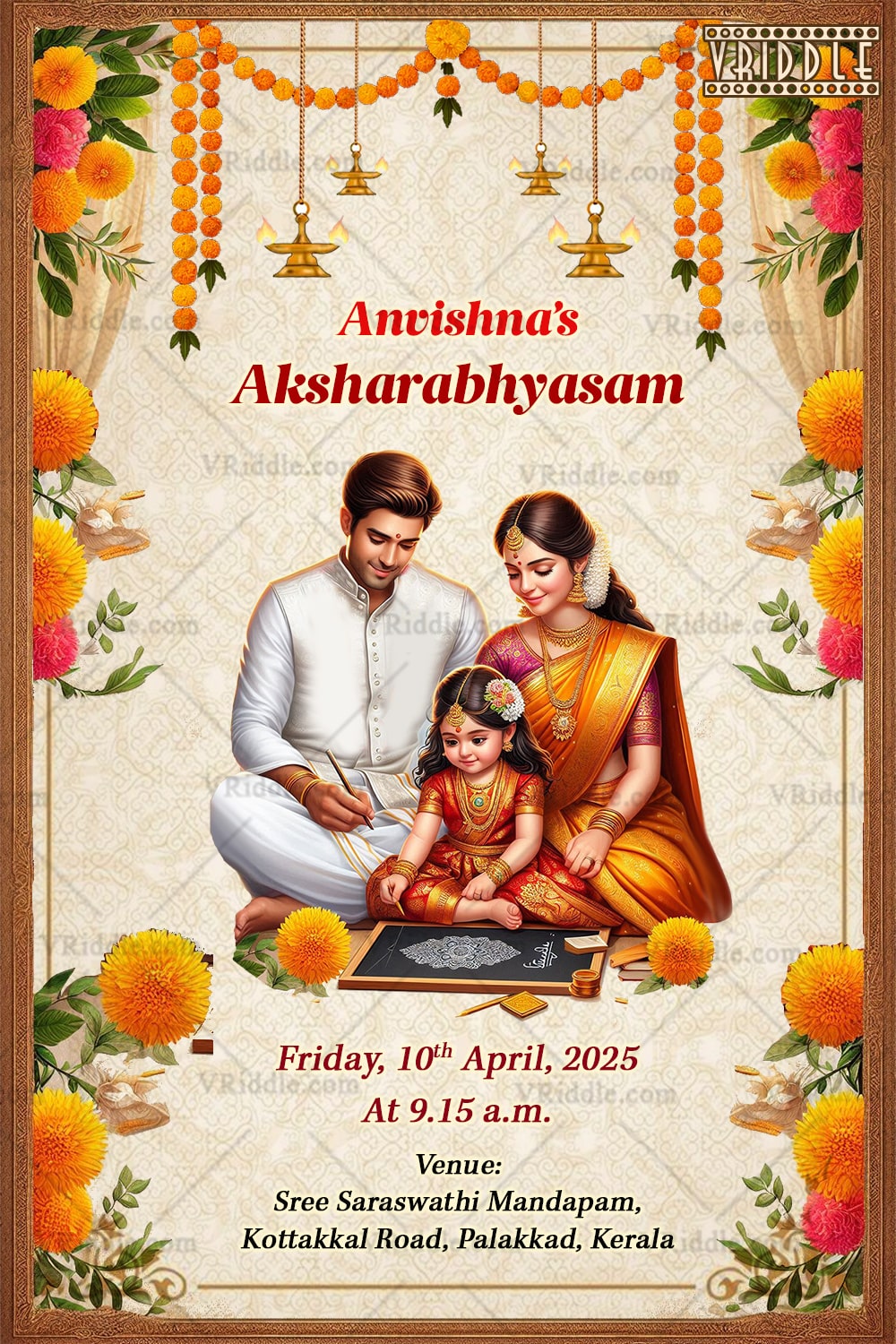 Marigold Aksharabhyasam Invitation with Family Illustration and Floral Border In Cream Background