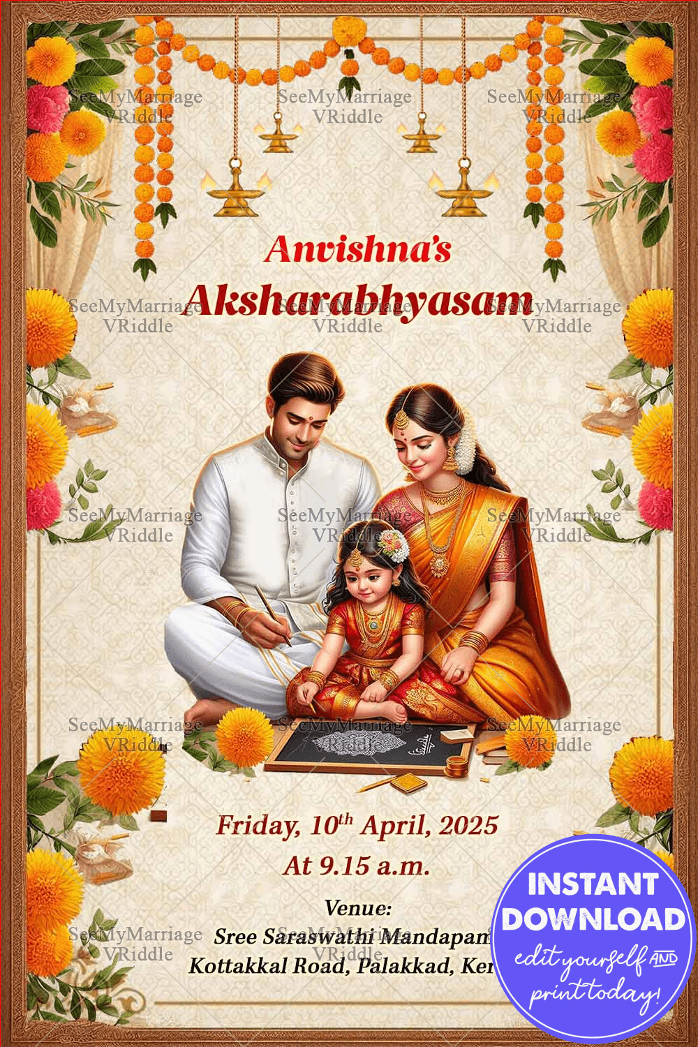 Marigold Aksharabhyasam Invitation with Family Illustration and Floral Border In Cream Background