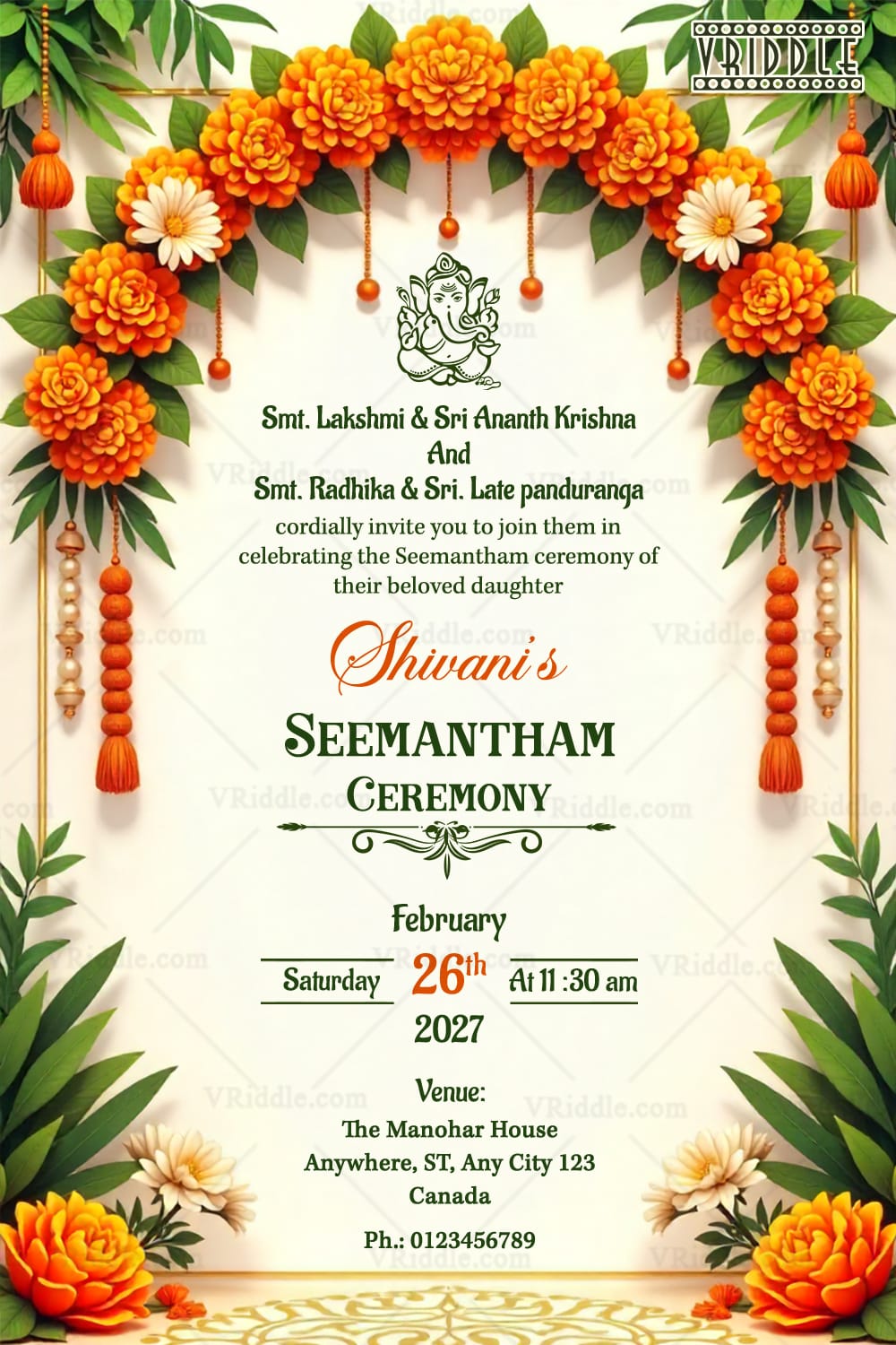 Marigold Flower Seemantham Invitation Card with Garland Decor