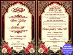 Maroon and Gold Malay Muslim Wedding Invitation Card with Rose Motif and Gold Accents