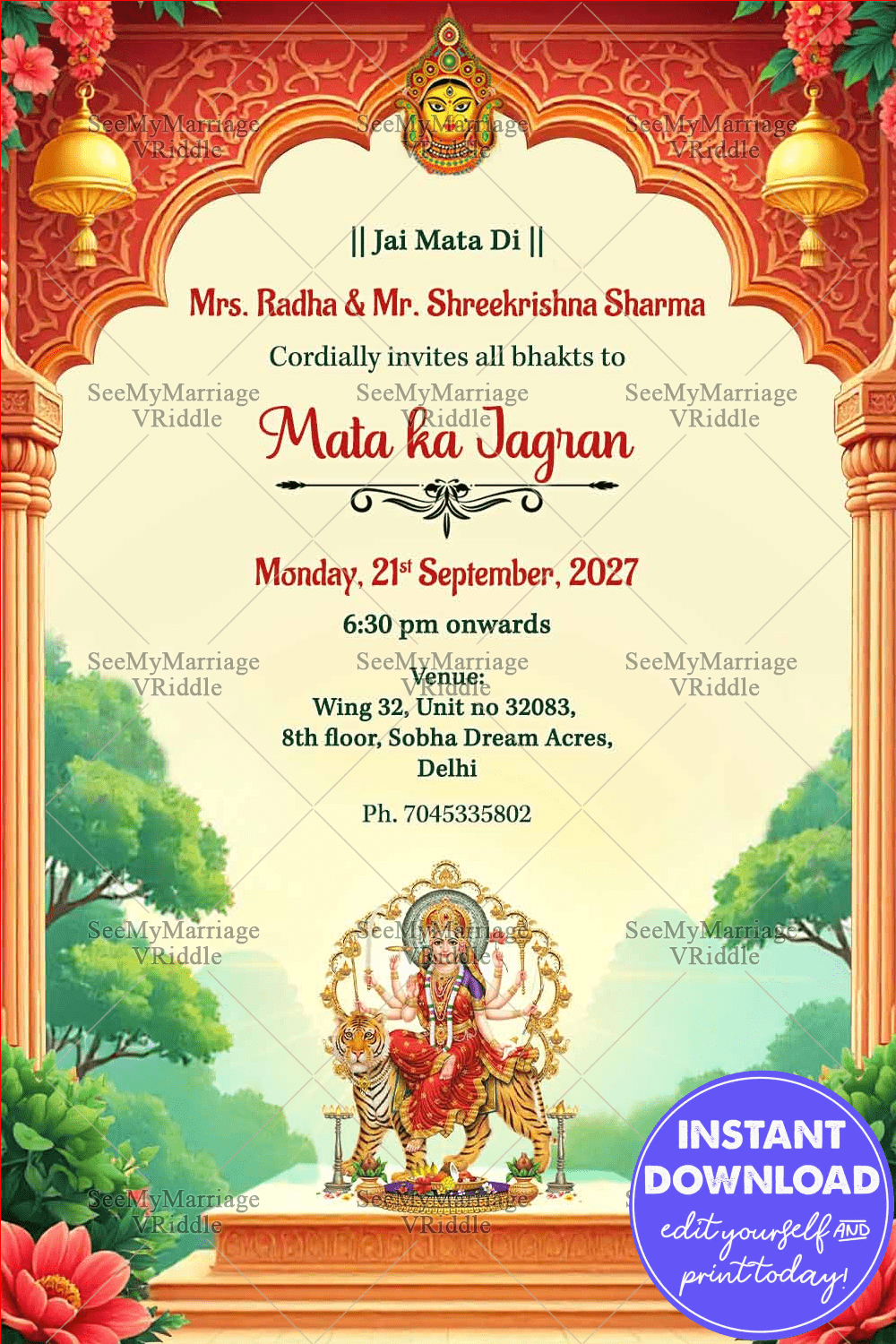 Mata Ka Jagran Invitation with Goddess Durga, Temple Arch Design & Floral Elements