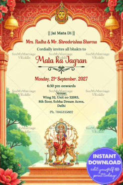 Mata Ka Jagran Invitation with Goddess Durga, Temple Arch Design & Floral Elements