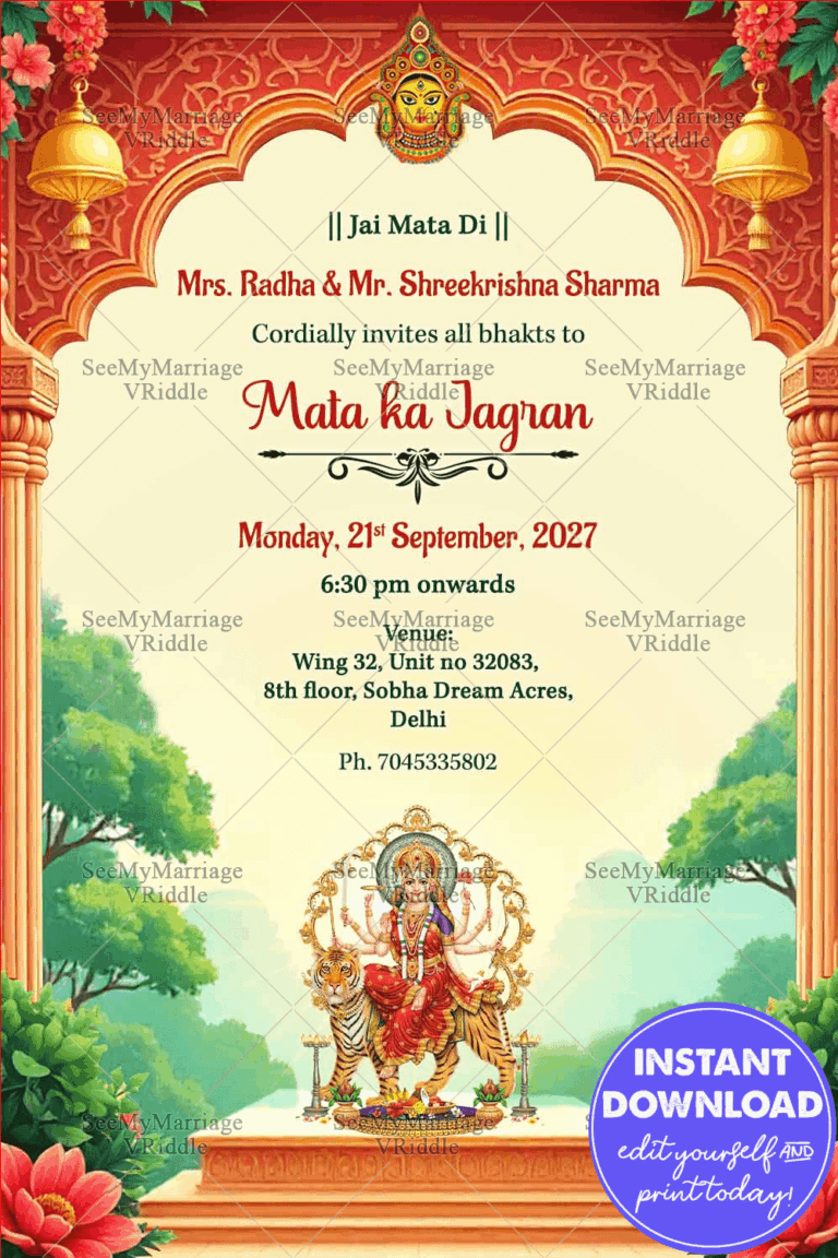 Mata Ka Jagran Invitation with Goddess Durga, Temple Arch Design & Floral Elements