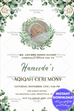 Minimal Aqiqah Invitation Card with Add Photo Option and Floral Greenery Design