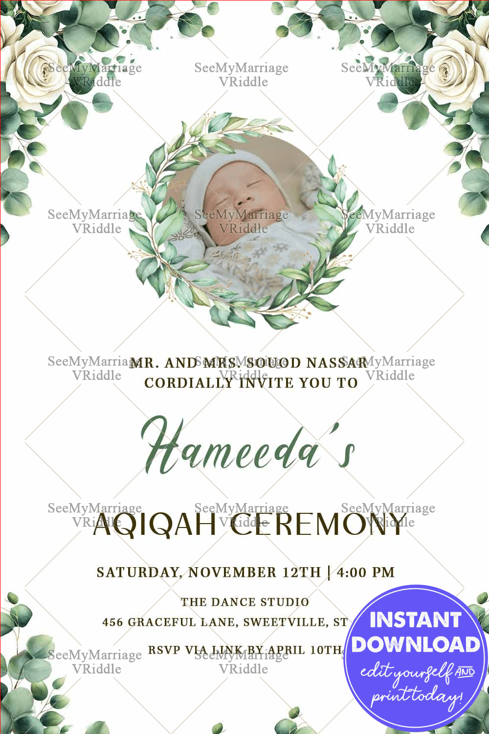 Minimal Aqiqah Invitation Card with Add Photo Option and Floral Greenery Design