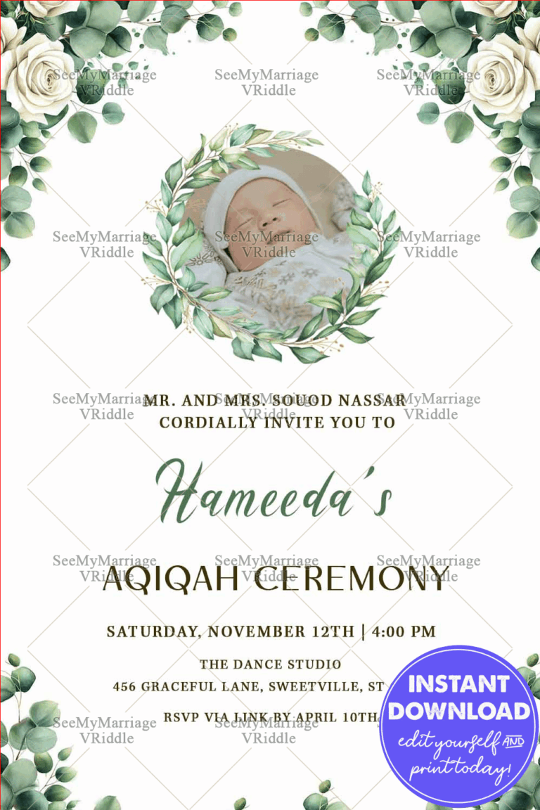 Minimal Aqiqah Invitation Card with Add Photo Option and Floral Greenery Design