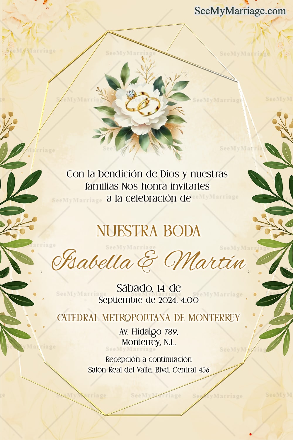 Minimal Spanish Wedding Invitation with Elegant Floral Accents and Golden Ring With Geometric Frame