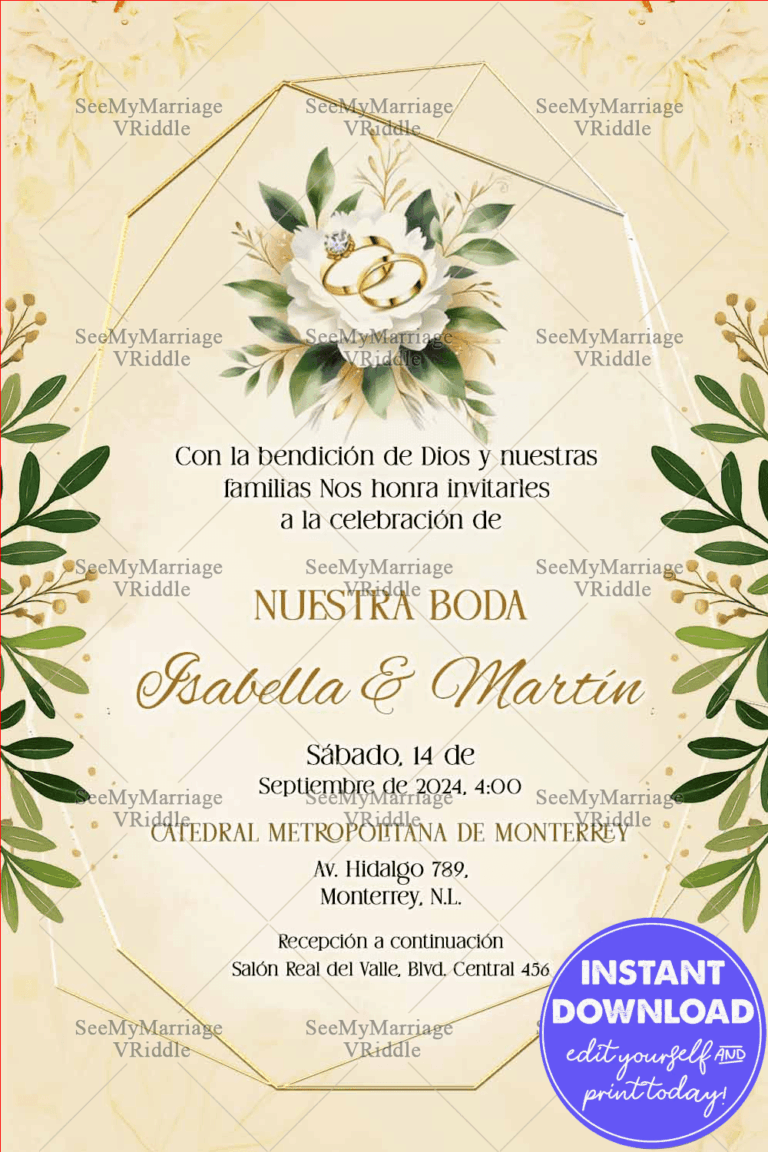 Minimal Spanish Wedding Invitation with Elegant Floral Accents and Golden Ring With Geometric Frame