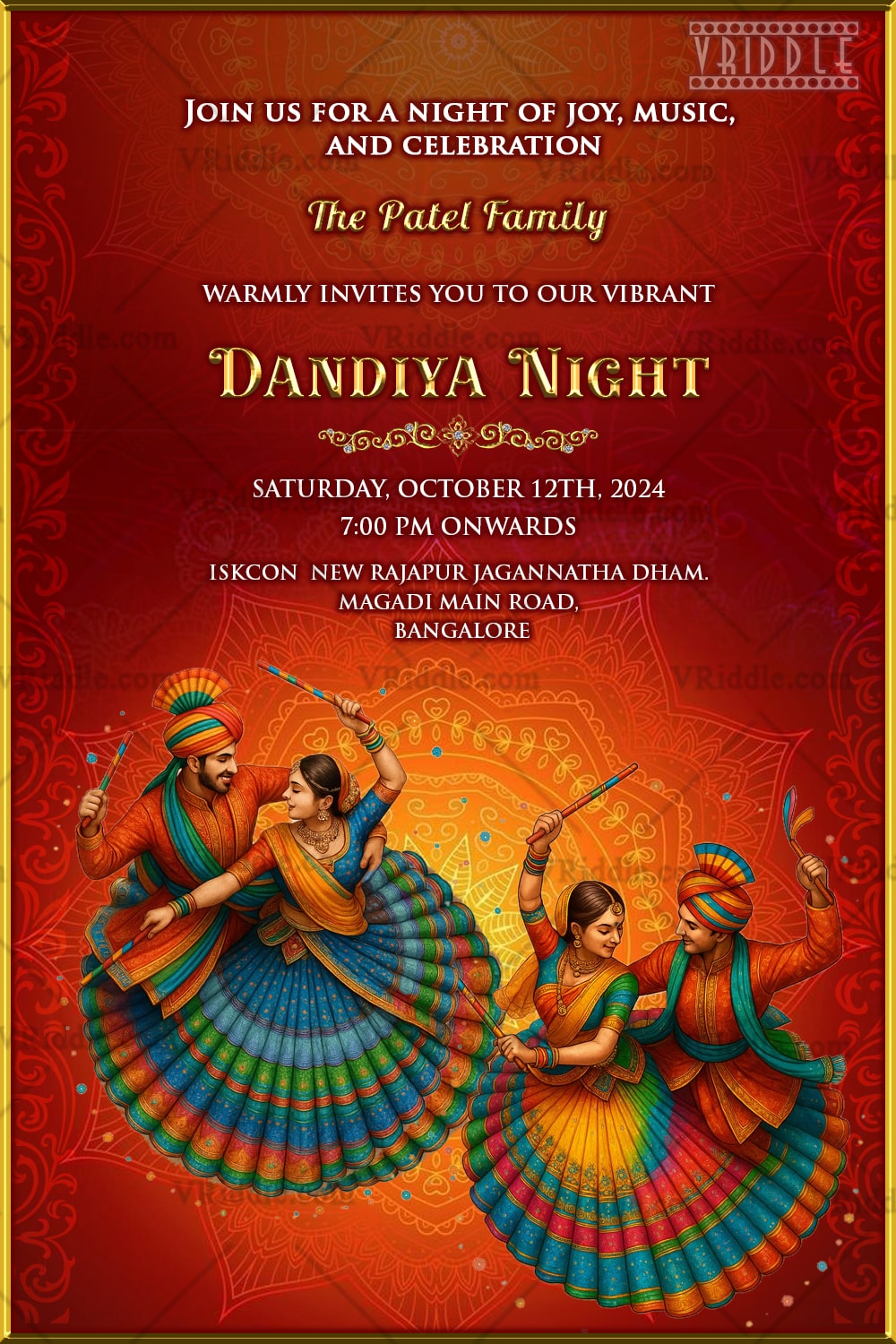 Vibrant Dandiya Invitation Card with Dance Illustration Invitation and Traditional Mandala Elegance In Red Theme
