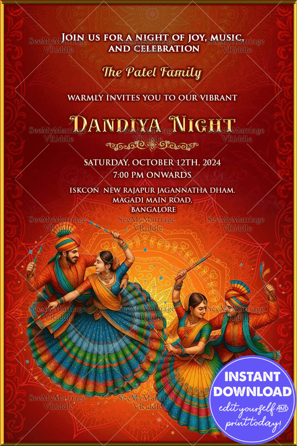 Vibrant Dandiya Invitation Card with Dance Illustration Invitation and Traditional Mandala Elegance In Red Theme