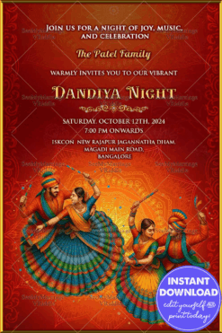 Vibrant Dandiya Invitation Card with Dance Illustration Invitation and Traditional Mandala Elegance In Red Theme