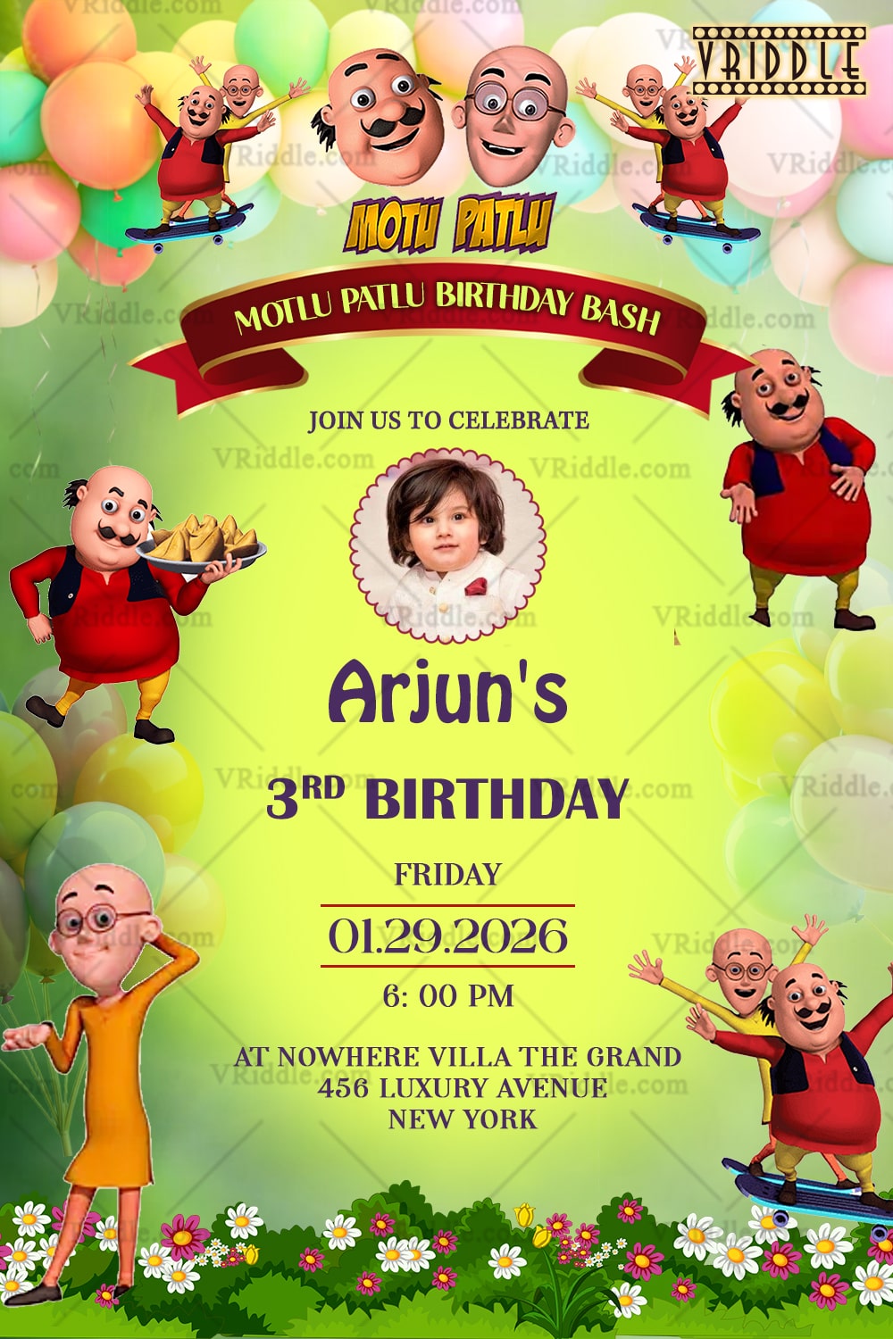 Motu Patlu Birthday Invitation with Add photo Option and Balloons, Flowers & Cartoon Fun