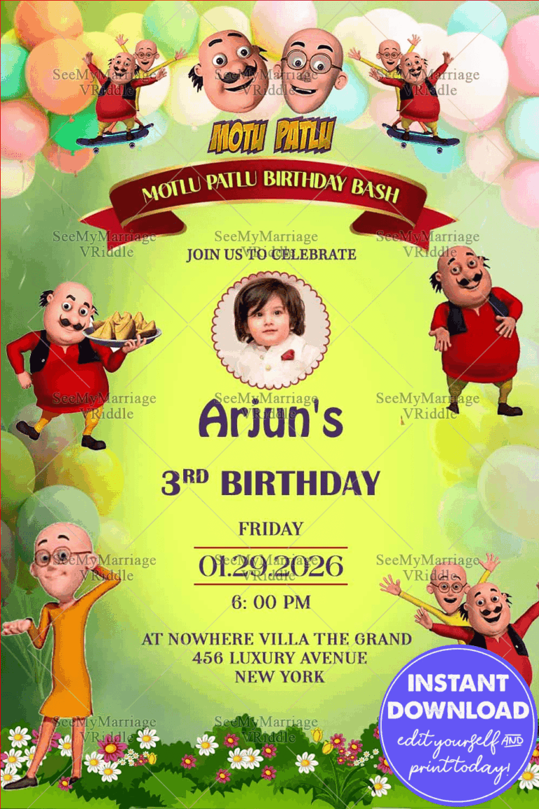 Motu Patlu Birthday Invitation with Add photo Option and Balloons, Flowers & Cartoon Fun