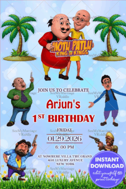Motu Patlu Birthday Invitation with Balloons, Flowers & Cartoon Fun