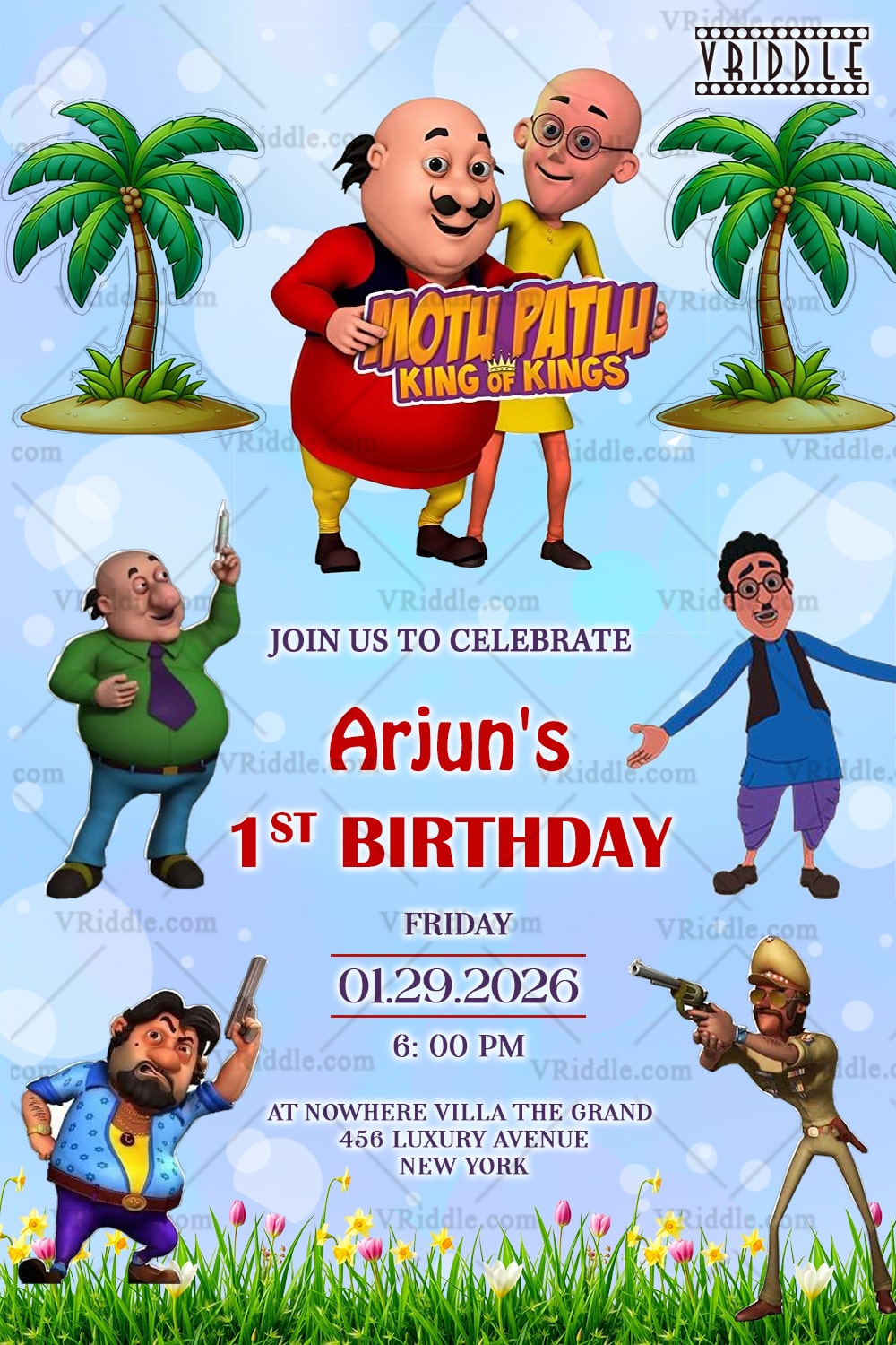 Motu Patlu Birthday Invitation with Balloons, Flowers & Cartoon Fun