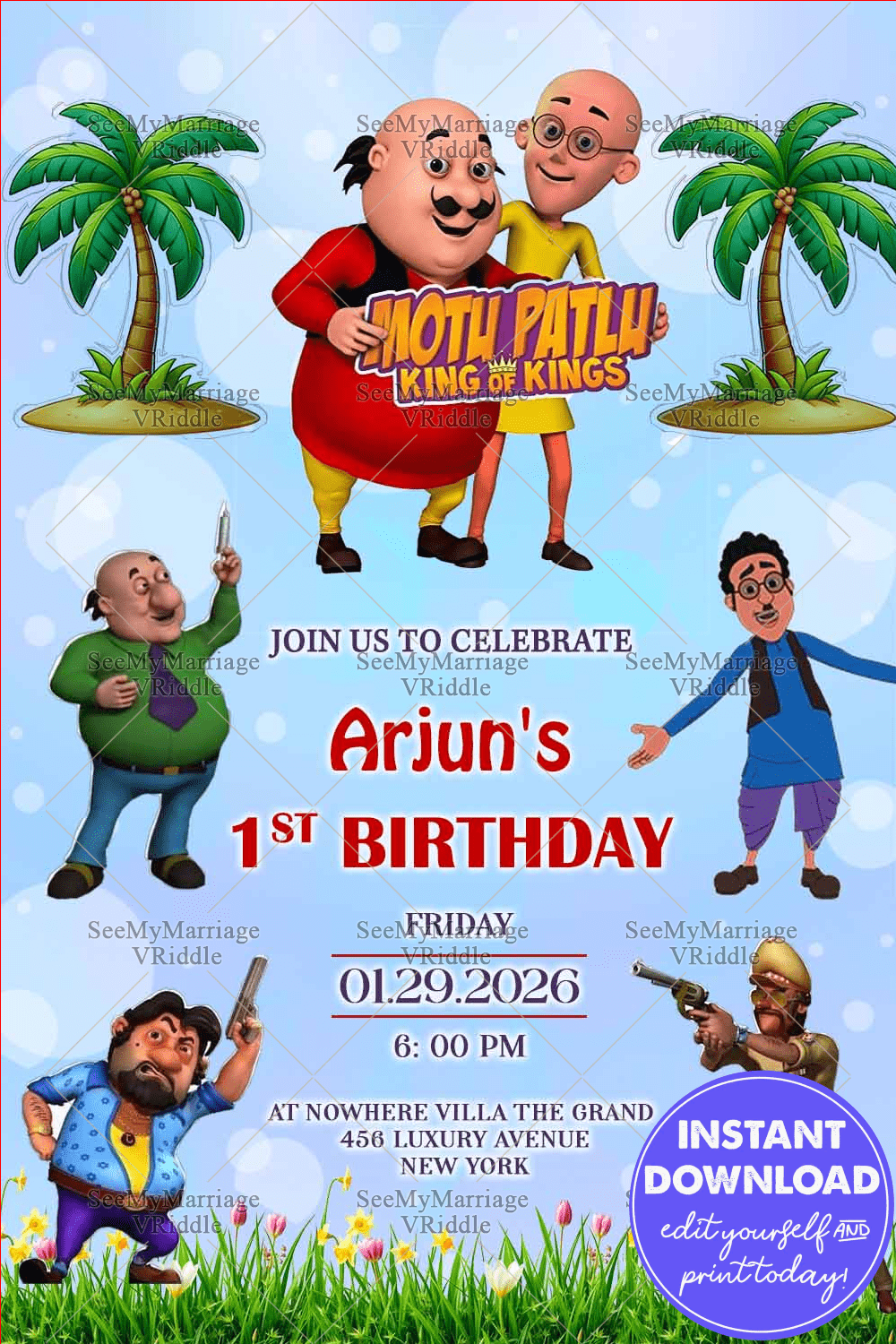 Motu Patlu Birthday Invitation with Balloons, Flowers & Cartoon Fun