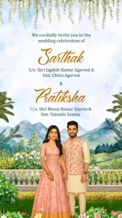 Panoramic Rotation Camera Wedding Invitation Video With Couple in Matching Outfits and Engagement, Haldi, Mehendi, Sangeet, Baraat, Reception