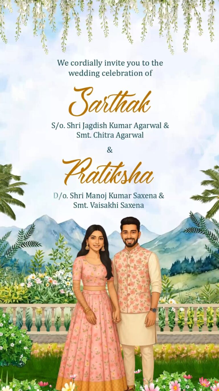 Panoramic Rotation Camera Wedding Invitation Video With Couple in Matching Outfits and Engagement, Haldi, Mehendi, Sangeet, Baraat, Reception