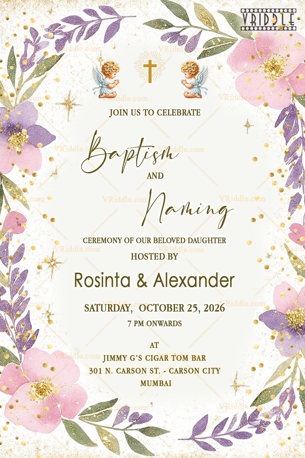 Pastel Pink Florals Baptism and Naming Ceremony Invitation and Glitter Accents