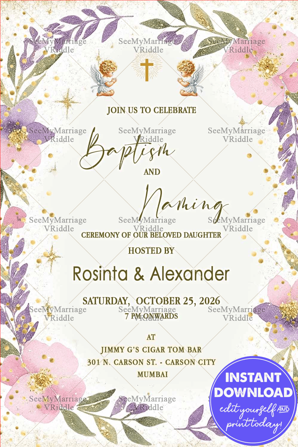 Pastel Pink Florals Baptism and Naming Ceremony Invitation and Glitter Accents