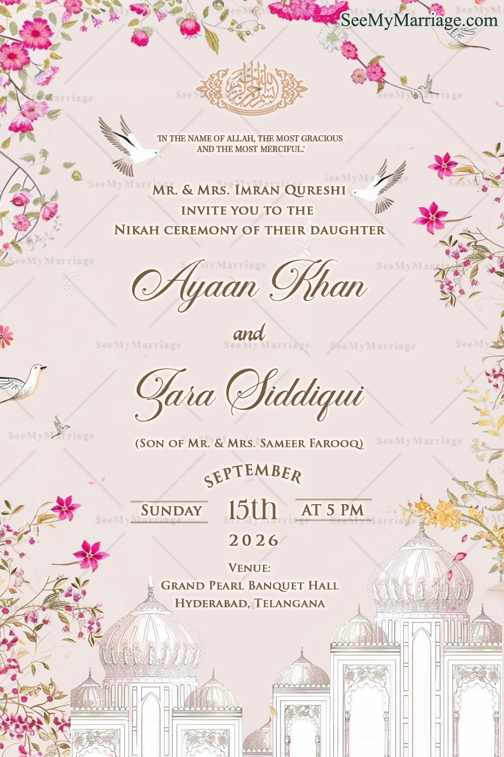 Pastel Pink Islamic Nikah Invitation with Blossoming Florals, Peaceful Doves, and Majestic Dome Silhouettes