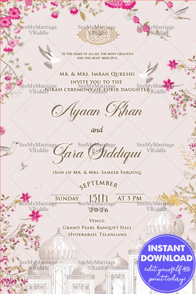 Pastel Pink Islamic Nikah Invitation with Blossoming Florals, Peaceful Doves, and Majestic Dome Silhouettes