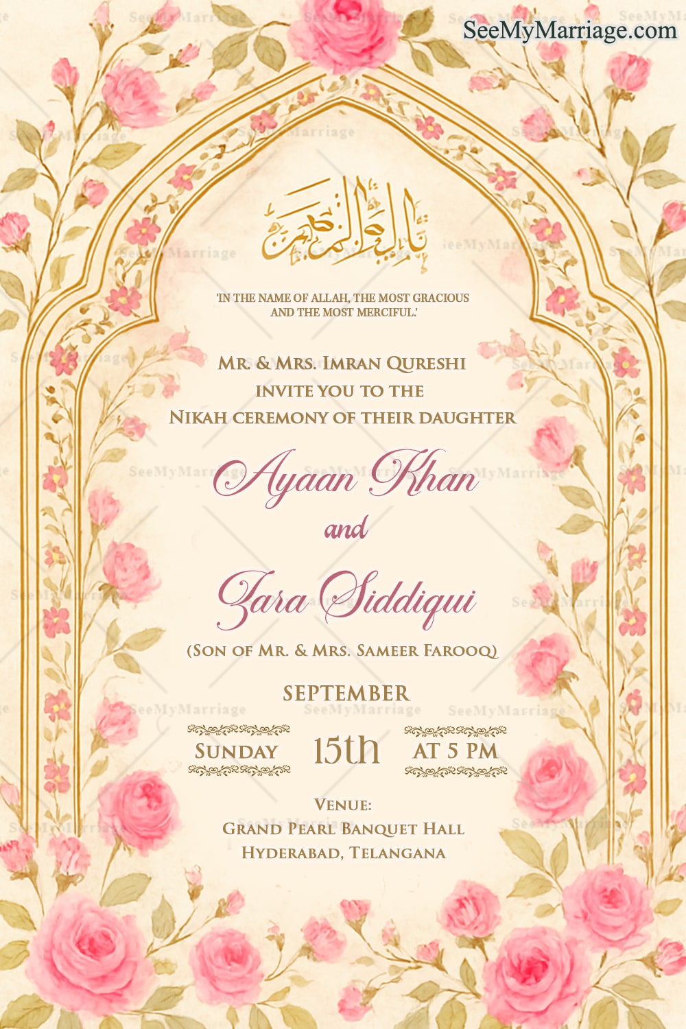 Pink Blossom Nikah Invitation with Elegant Arch Motifs and Floral Islamic Grace in Soft Pastel BG