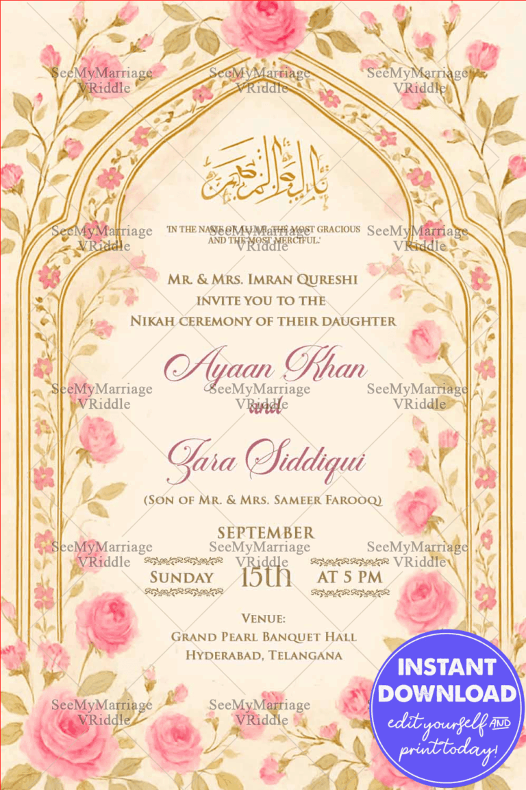 Pink Blossom Nikah Invitation with Elegant Arch Motifs and Floral Islamic Grace in Soft Pastel BG