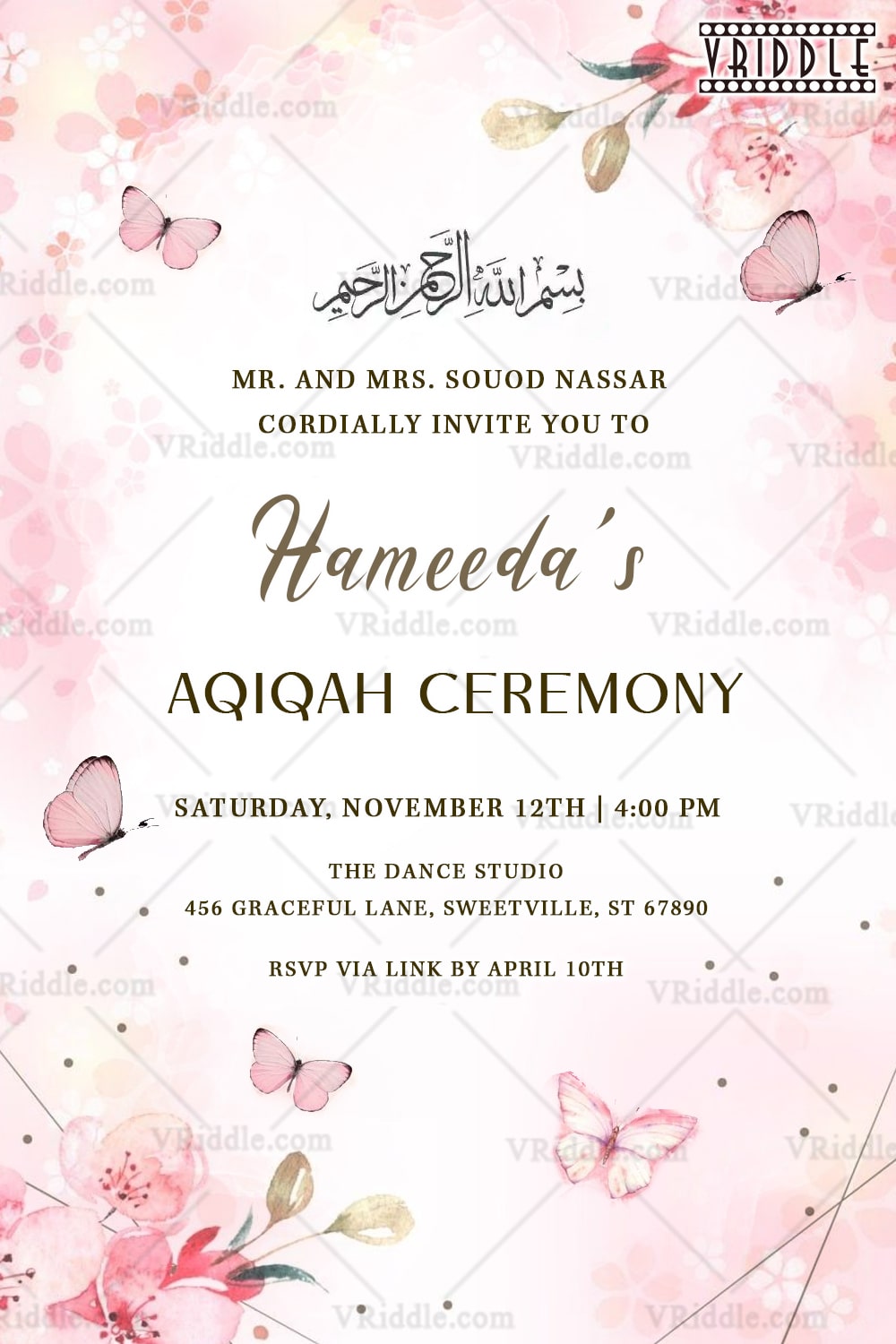 Pink Floral Aqiqah Invitation with Butterflies and Elegant Arabic Calligraphy In pastel Shade