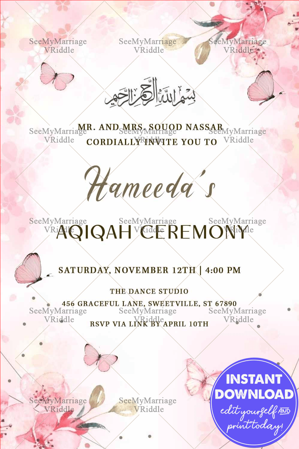 Pink Floral Aqiqah Invitation with Butterflies and Elegant Arabic Calligraphy In pastel Shade