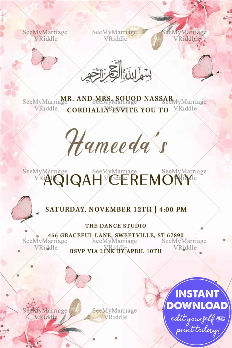 Pink Floral Aqiqah Invitation with Butterflies and Elegant Arabic Calligraphy In pastel Shade