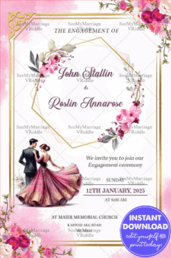 Pink Floral Engagement Invitation with Golden Geometric Frame and Elegant Romantic Couple Illustration