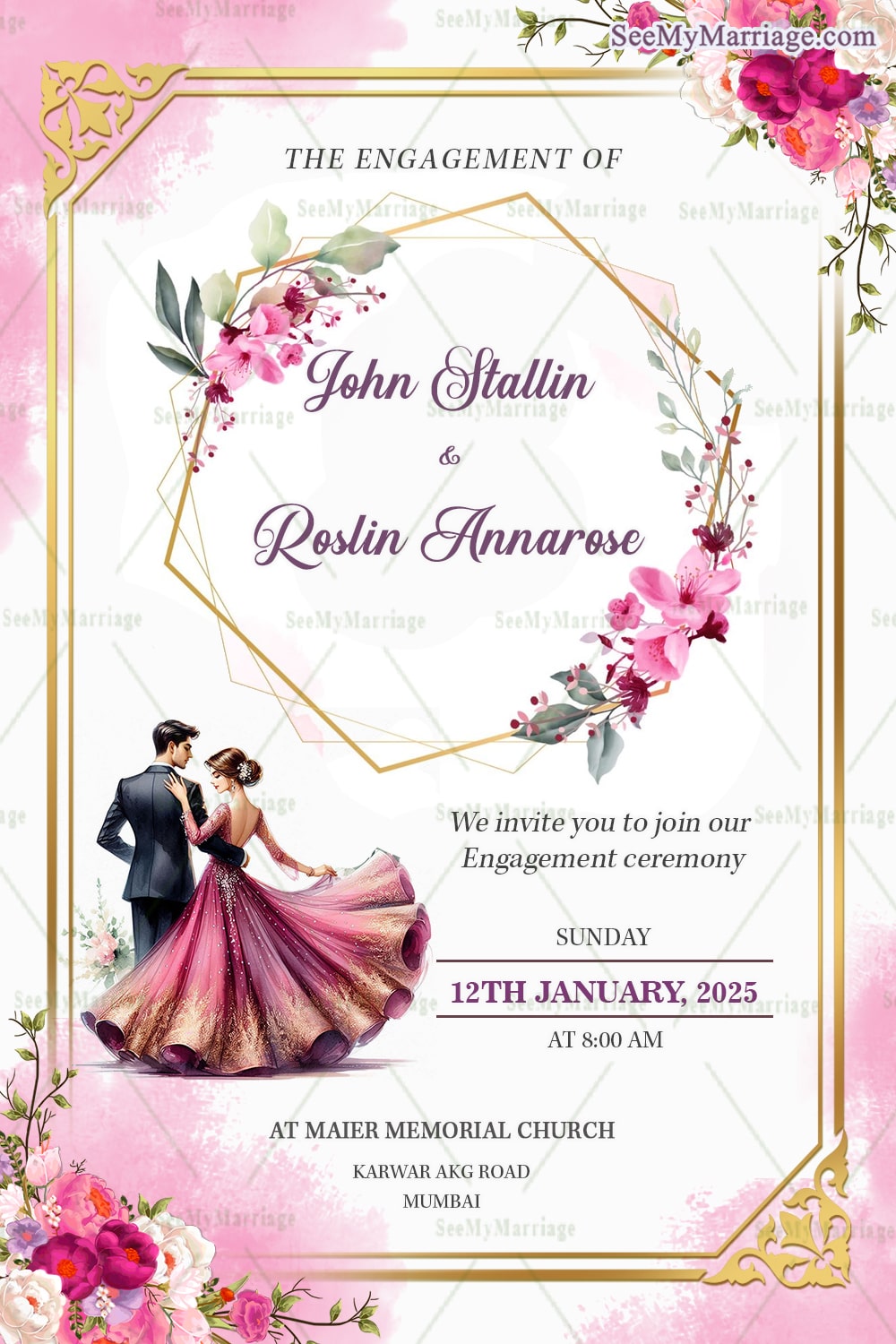 Pink Floral Engagement Invitation with Golden Geometric Frame and Elegant Romantic Couple Illustration
