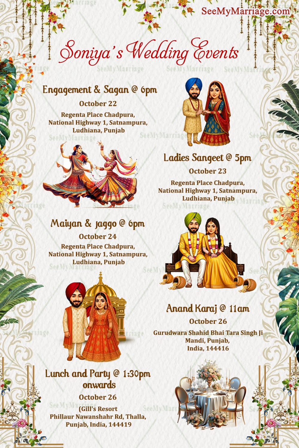 Punjabi Wedding Events Card with Colorful Caricature Illustrations and Festive Floral Border
