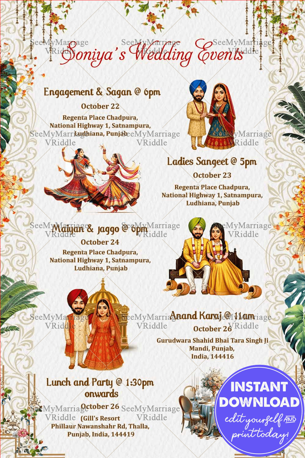 Punjabi Wedding Events Card with Colorful Caricature Illustrations and Festive Floral Border