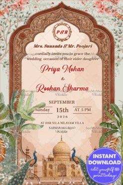 Regal Mughal Wedding Save the Date Invitation with Blossoming Vines, Peacocks and the Grandeur Taj Mahal