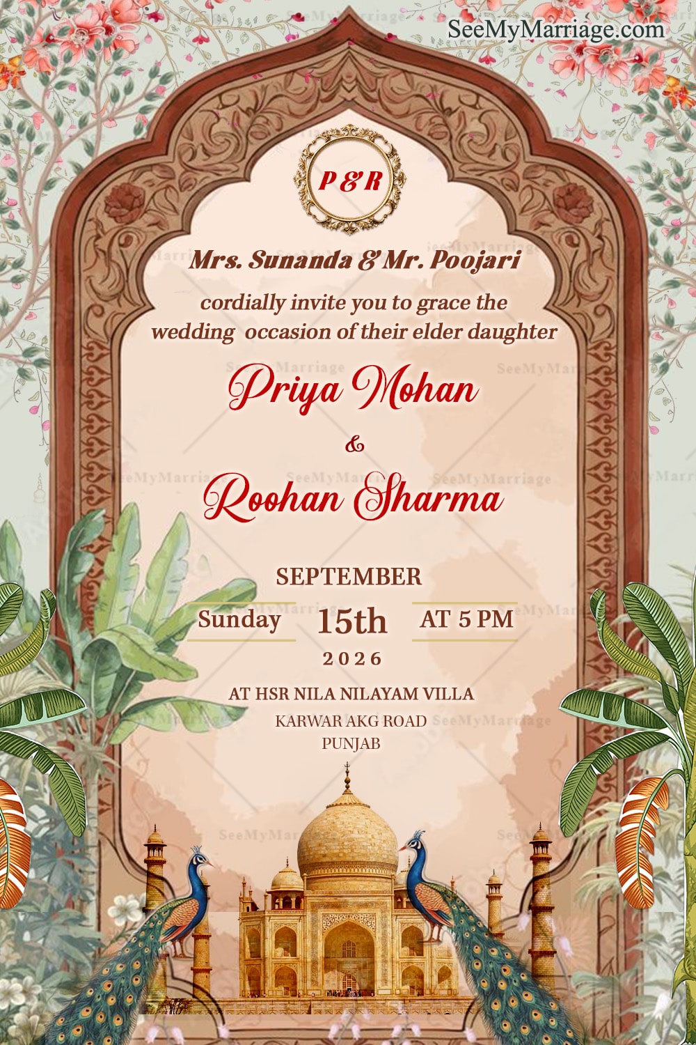 Regal Mughal Wedding Save the Date Invitation with Blossoming Vines, Peacocks and the Grandeur Taj Mahal