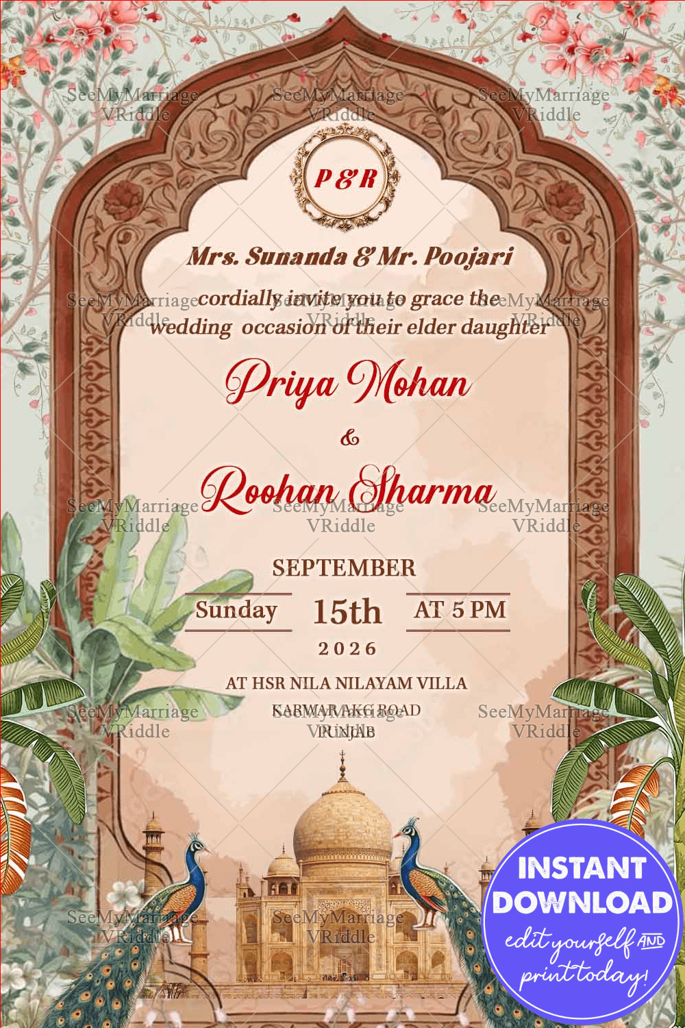 Regal Mughal Wedding Save the Date Invitation with Blossoming Vines, Peacocks and the Grandeur Taj Mahal