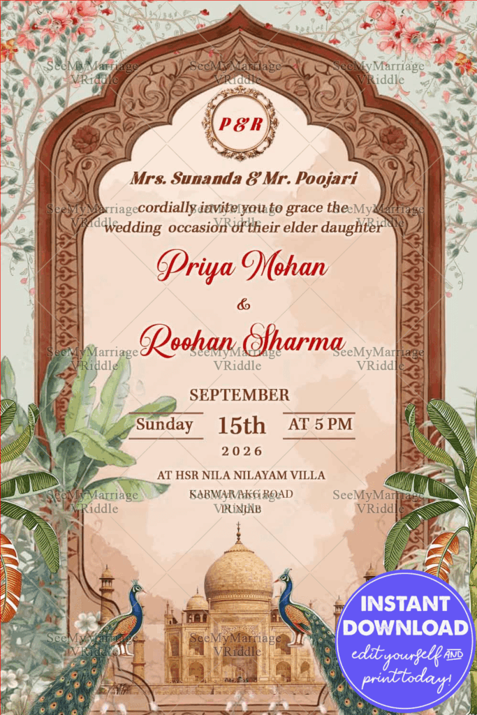 Regal Mughal Wedding Save the Date Invitation with Blossoming Vines, Peacocks and the Grandeur Taj Mahal