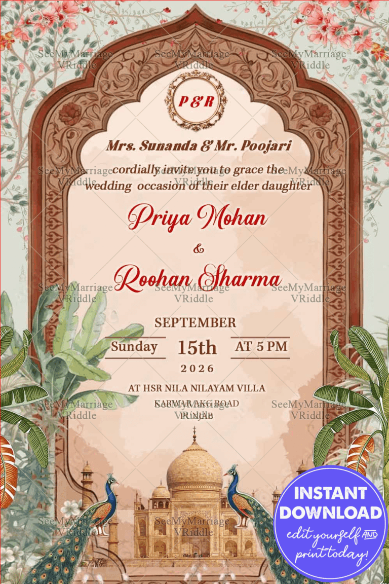 Regal Mughal Wedding Save the Date Invitation with Blossoming Vines, Peacocks and the Grandeur Taj Mahal