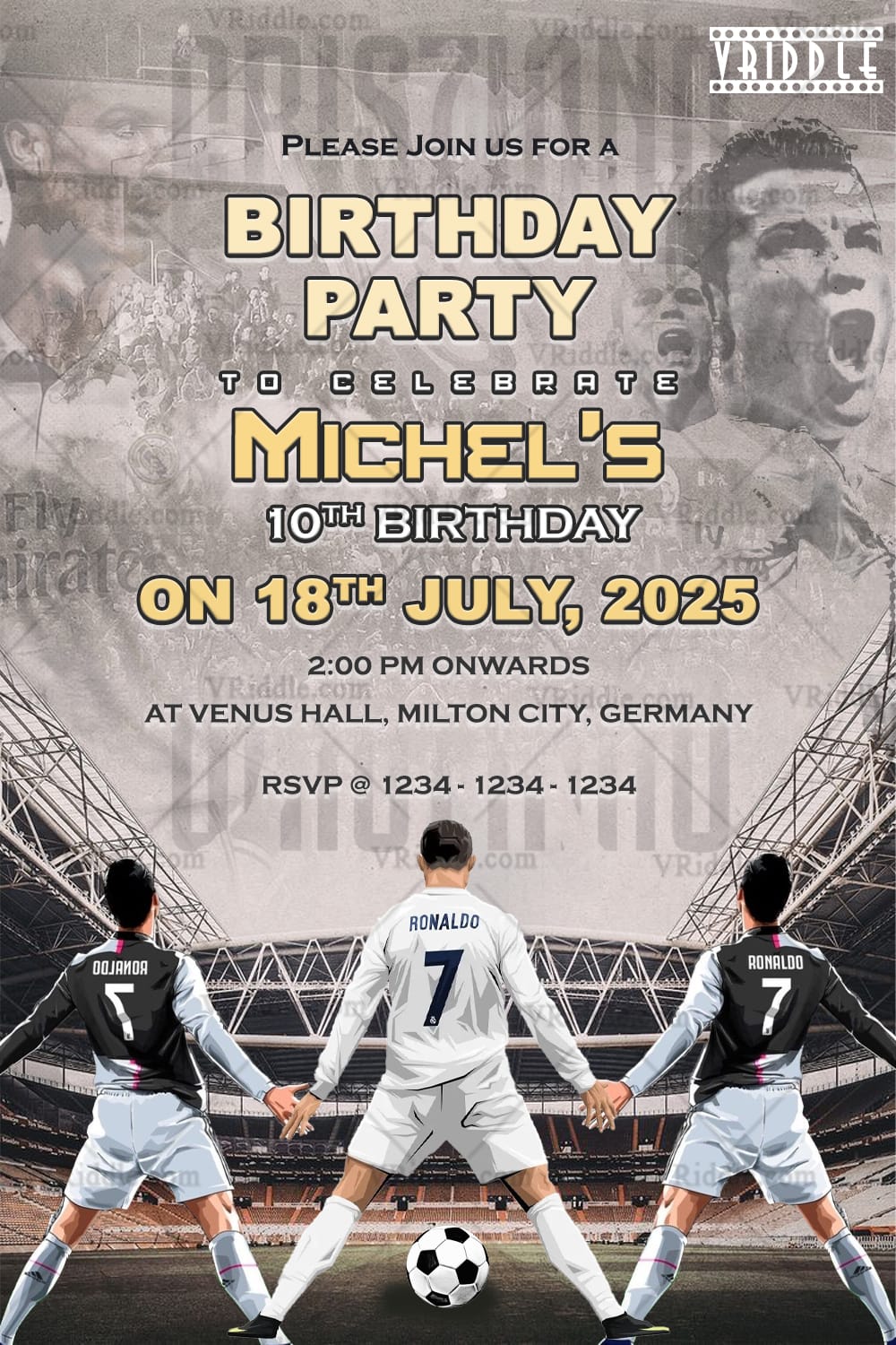 Ronaldo Trio Birthday Invitation Card with Football Stadium Theme