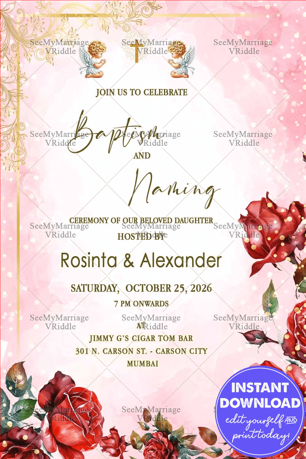 Rose Baptism and Naming Ceremony Invitation with Pastel Pink Background and Golden Accents