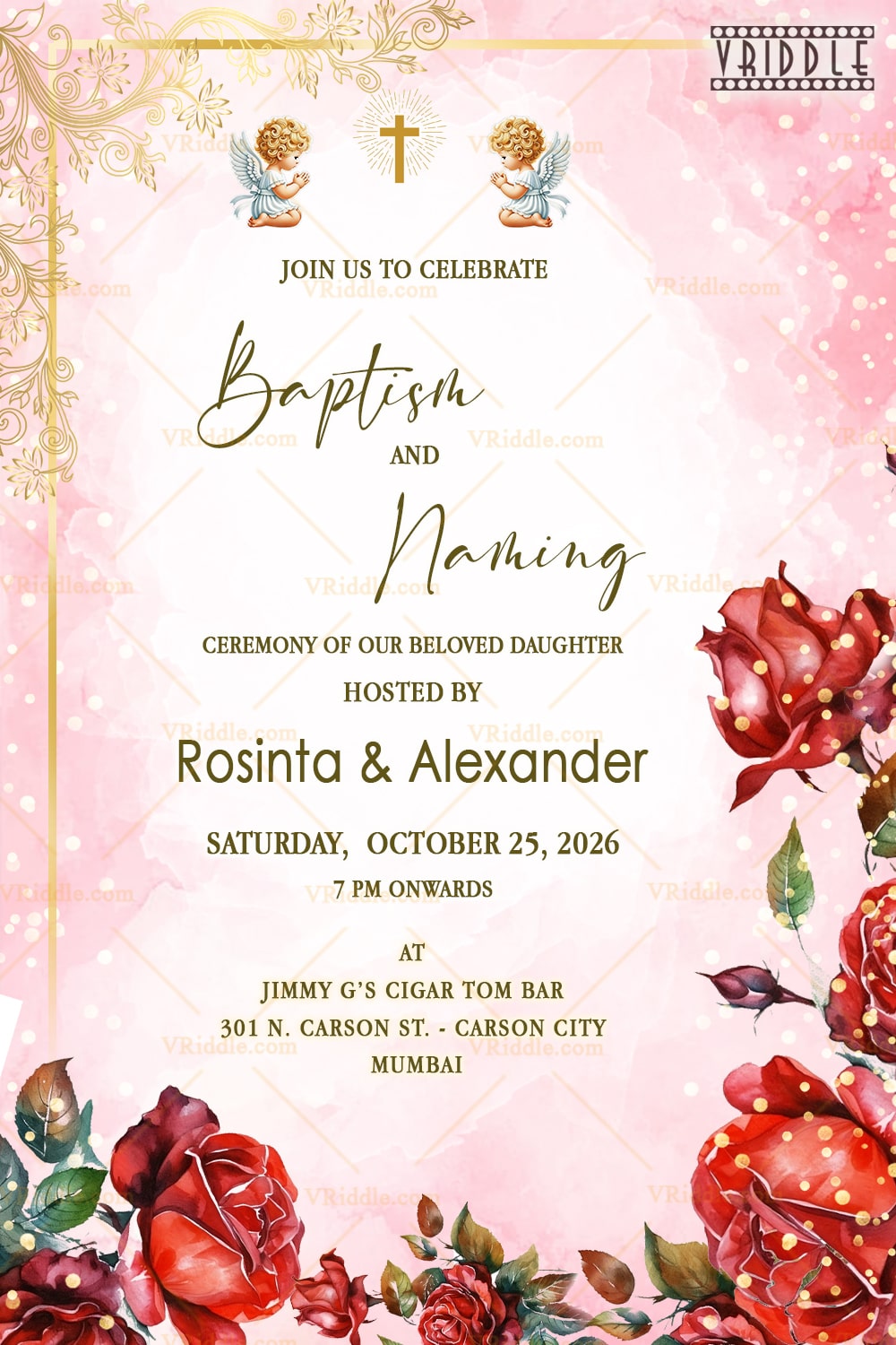 Rose Baptism and Naming Ceremony Invitation with Pastel Pink Background and Golden Accents