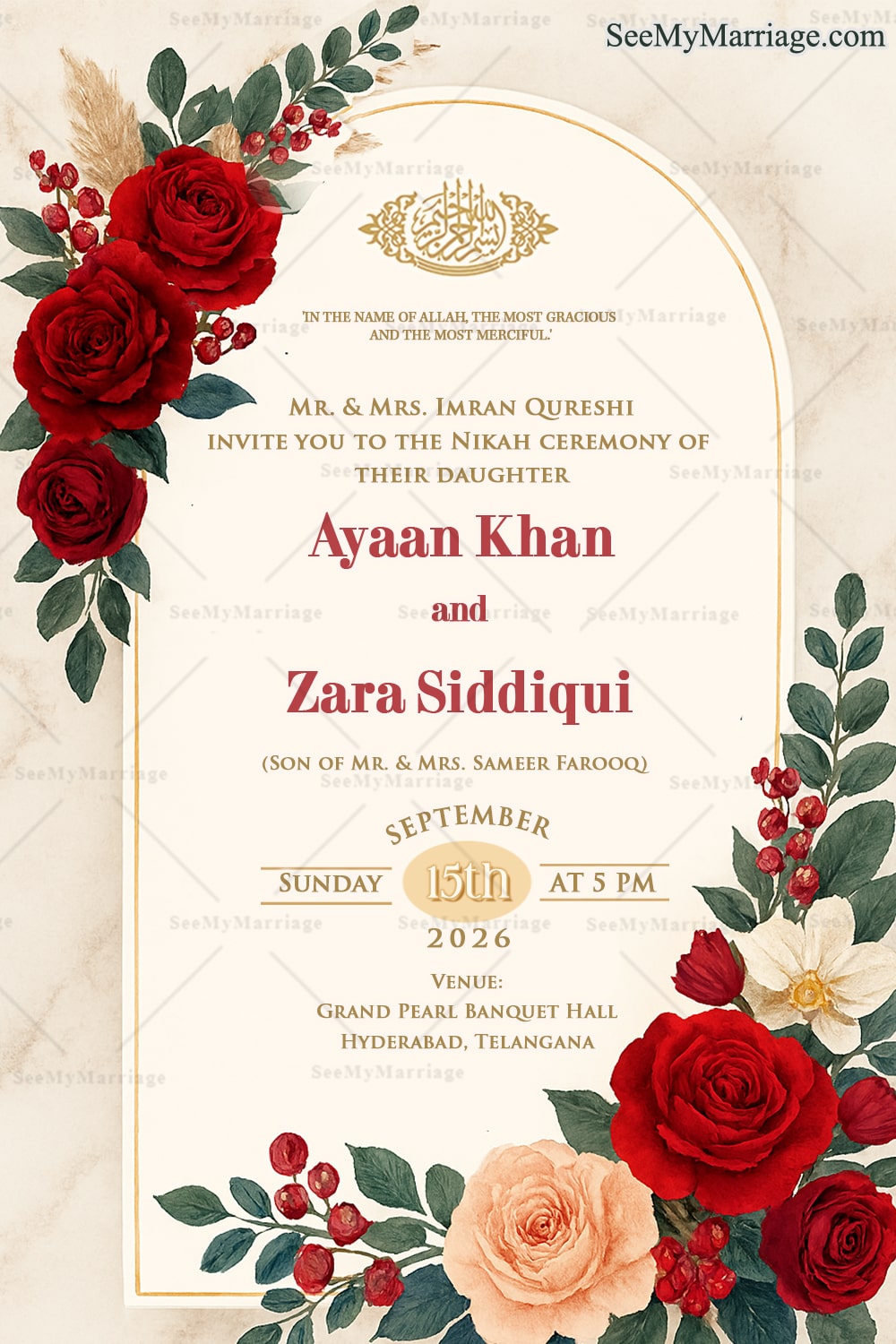 Rose Elegance Islamic Nikah Invitation with Bold Red Blooms, Soft Peach Roses, and Golden Accents