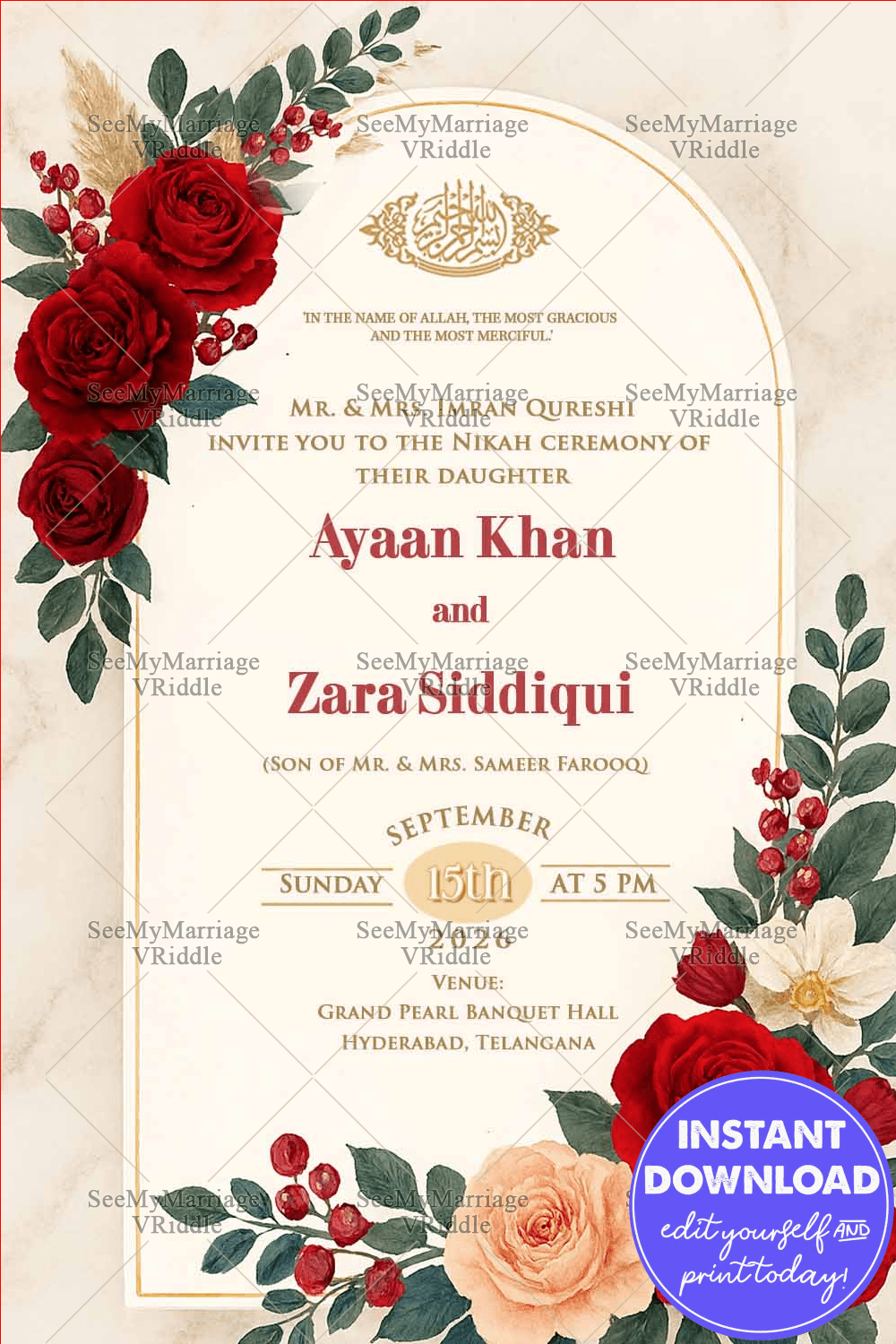 Rose Elegance Islamic Nikah Invitation with Bold Red Blooms, Soft Peach Roses, and Golden Accents