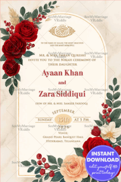 Rose Elegance Islamic Nikah Invitation with Bold Red Blooms, Soft Peach Roses, and Golden Accents