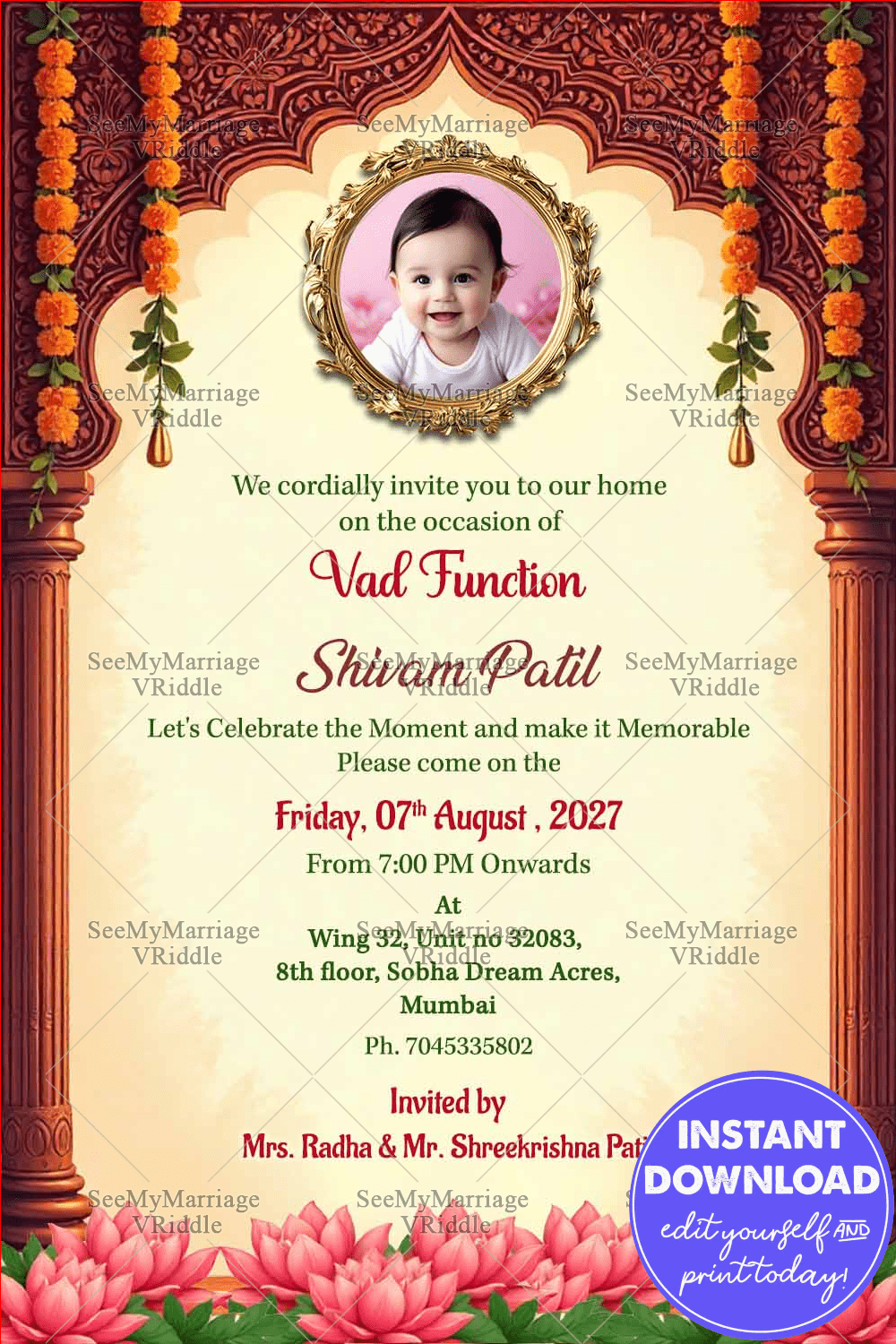 Royal Arch Vad Function Invitation with Baby Add Photo Option & Lotus Flower